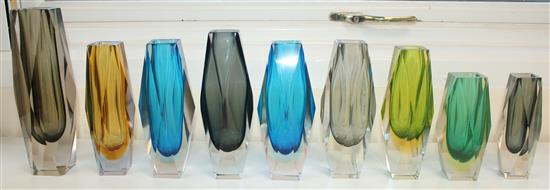 Nine Murano Sommerso and coloured glass faceted vases, possibly Mandruzzato, 1960s-70s, 16cm - 25.5cm